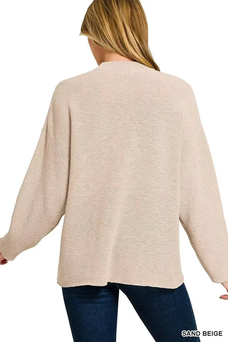 Zenana Round Neck Knit Top and Shorts Sweater Set SAND BEIGE / S