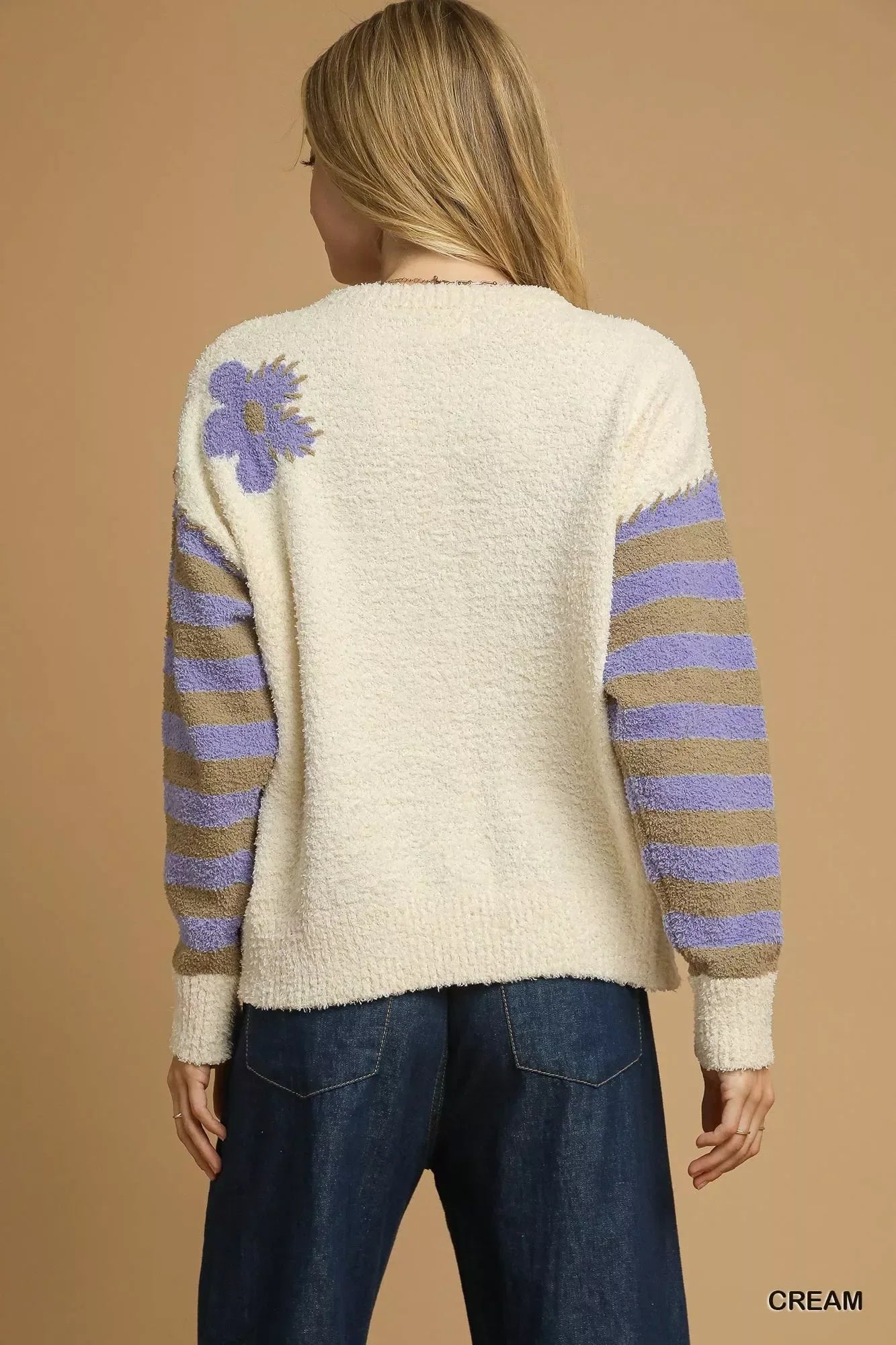 Umgee Flower Jacquard Striped Long Sleeve Sweater Cream / S