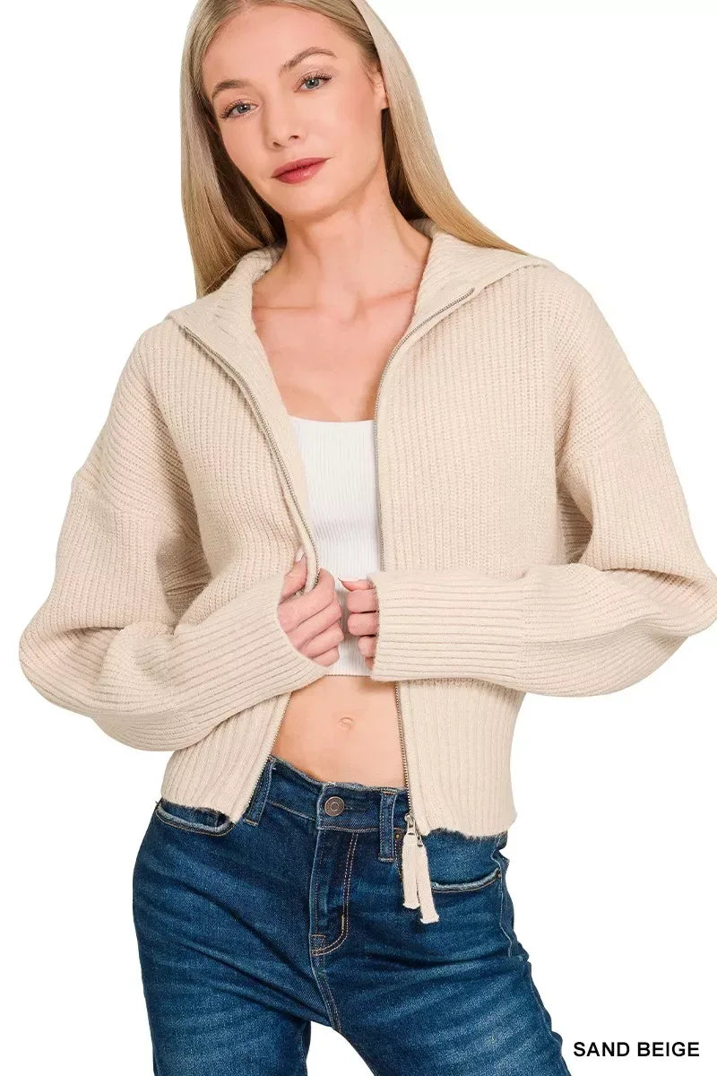 Zenana Ribbed Collared Zip Up Sweater Cardigan SAND BEIGE / S