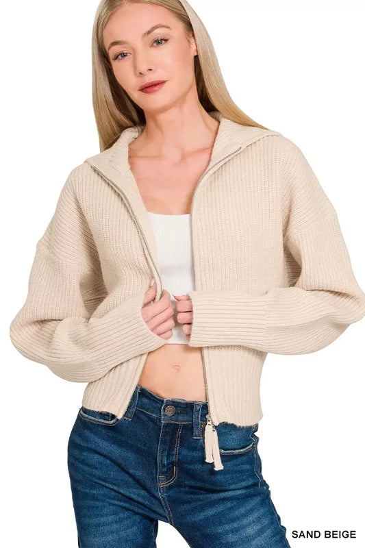 Zenana Ribbed Collared Zip Up Sweater Cardigan SAND BEIGE / S