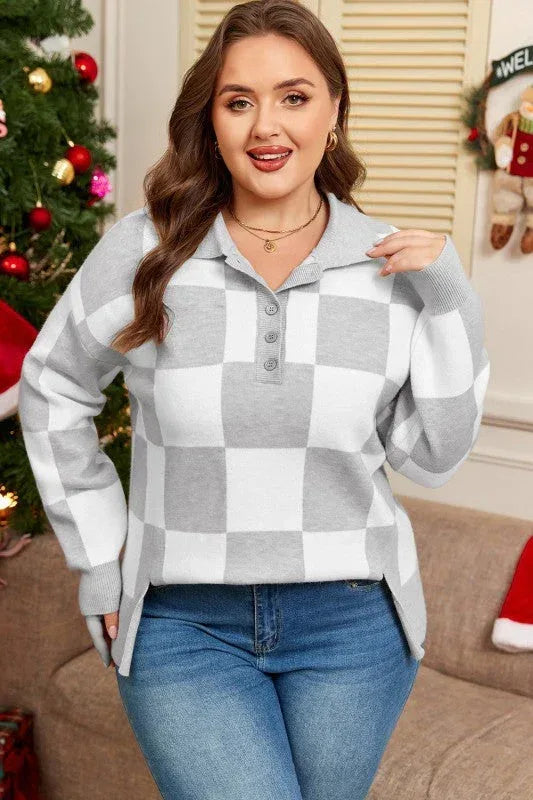 Plus Size Checker Buttoned Polo Collar Sweater 1X / Gray