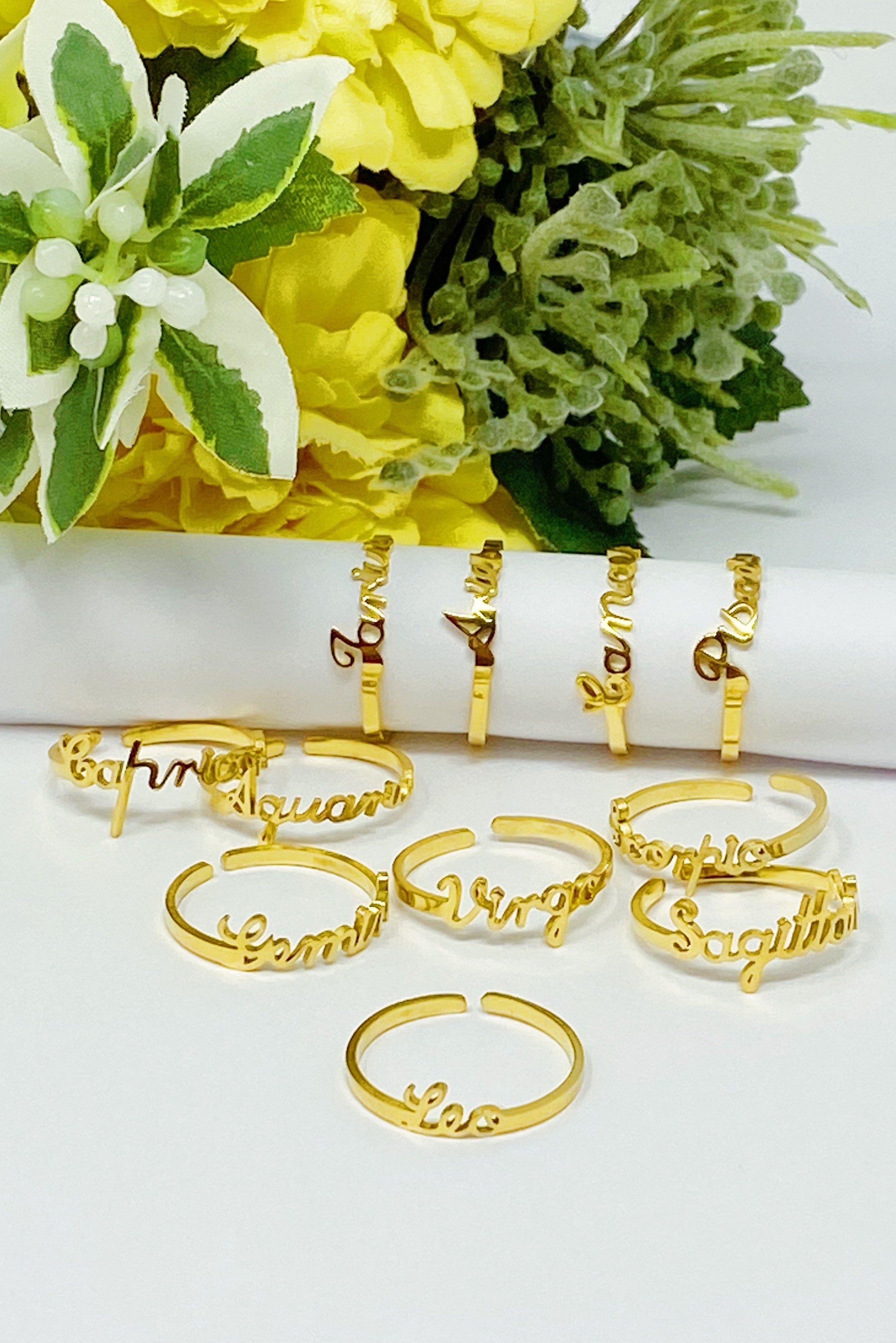 Elegant Scripted Zodiac Ring – Adjustable 18K Gold Plated Stainless Steel