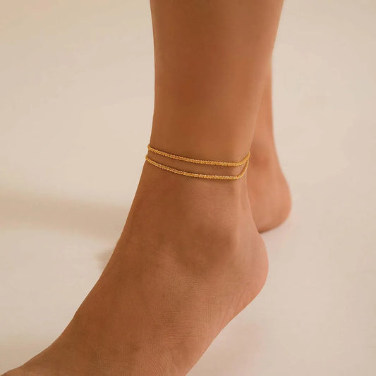 Versatile Sparkling Thin Chain Metal Wind Foot Chain Style Beach Anklet Set 01 Gold 0864