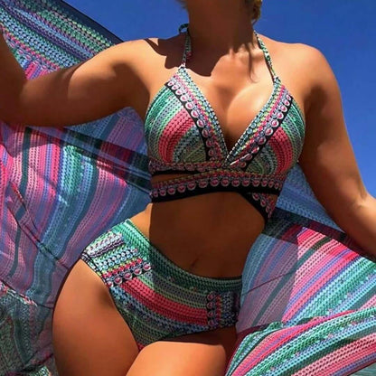 Three Piece Swimsuit Women's Tight Bikini Cross Tie High Waisted Sun Protection Swimsuit Women green / S