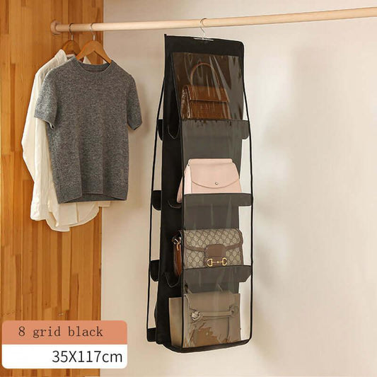 Bag storage hanging bag hanging double-sided transparent six-layer storage bag bedroom wardrobe storage bag dust bag Black 8 grids [thick double layer] / 36**85cm