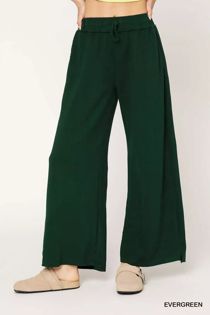 Umgee Elastic Drawstring Waistband Wide Leg Pants EVERGREEN / S