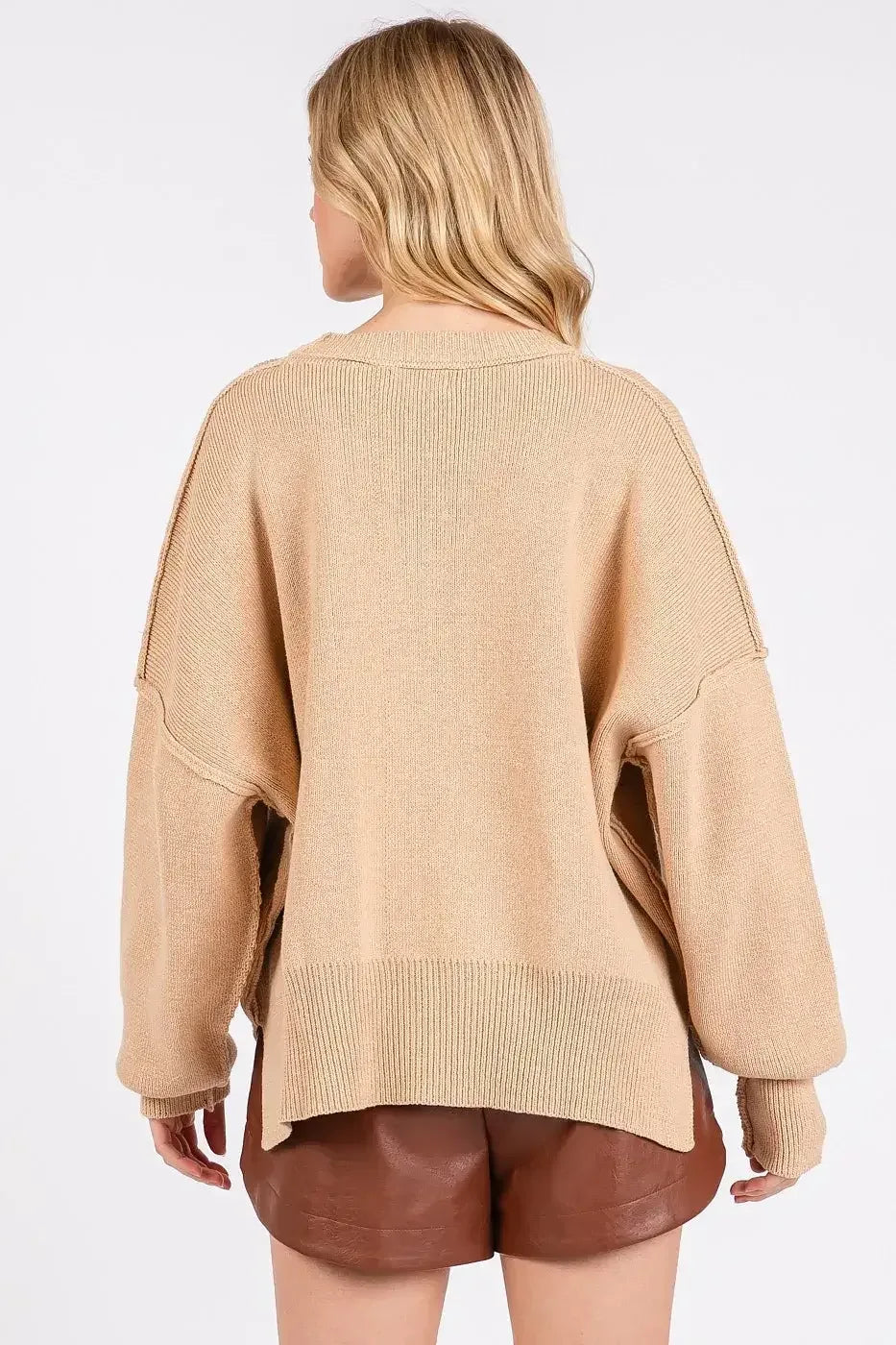 Mittoshop Side Slit Round Neck Drop Shoulder Sweater Tan / S