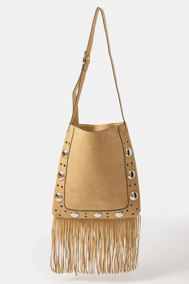 Fame Faux Suede Grommet Accent Fringe Tote Bag TP / one size