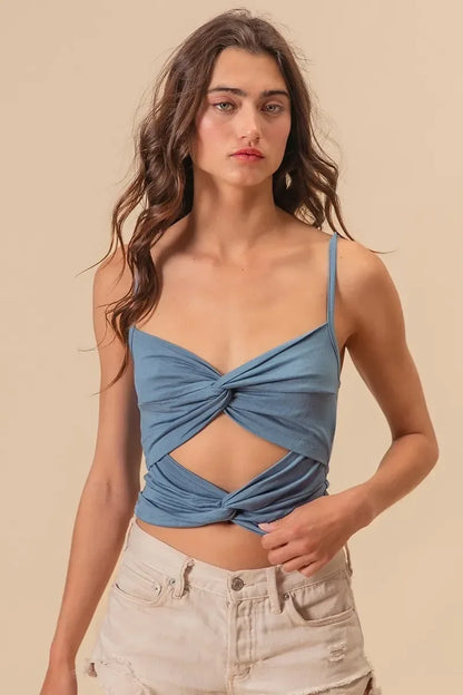 BiBi Rayon Span Jersey Knit Double Twist Front Cami Top DENIM / S