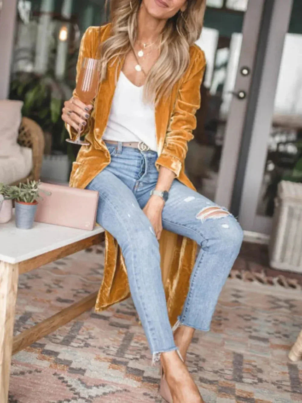 Open Front Long Sleeve Coat L / Brown