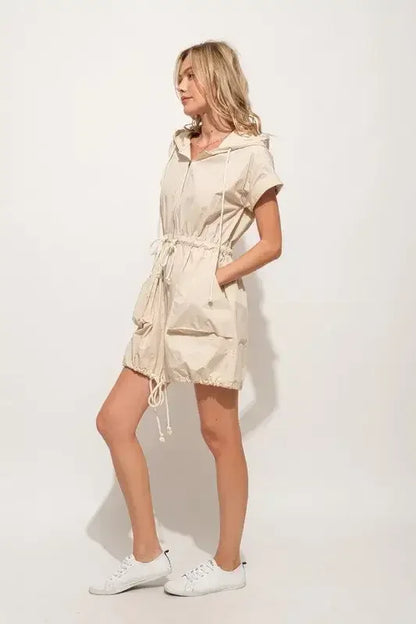 And The Why Short Sleeve String Details Hooded Mini Dress Almond / S