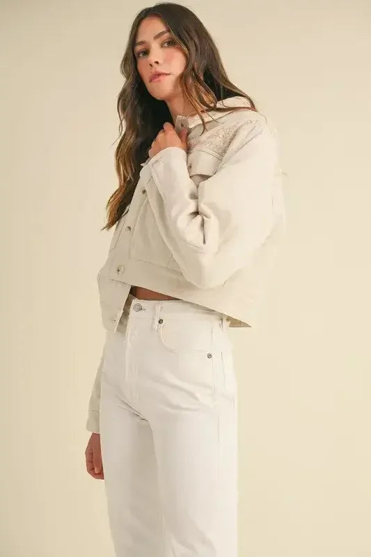 MABLE Embroidered Quilted Cropped Jacket Taupe / S