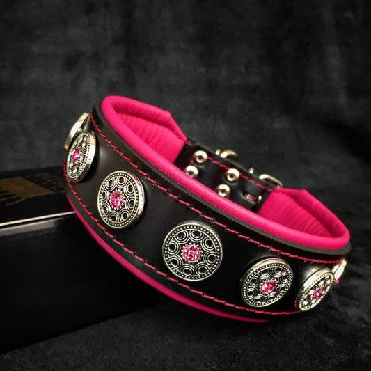 "Bijou" collar black & pink Size XL- neck size of 22.6- 25.6 inch (57.5- 65 cm) / SET Collar&Leash