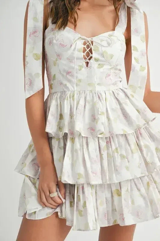 MABLE Floral Print Shoulder Tie Layered Mini Dress Off White / M