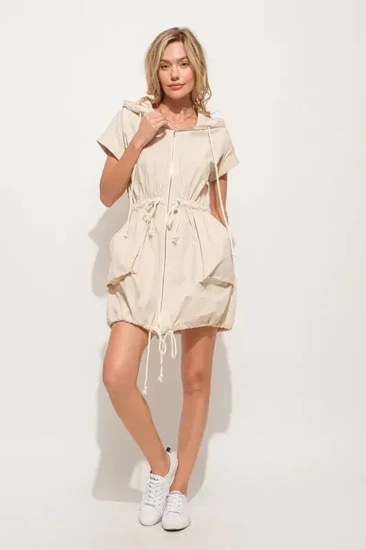 And The Why Short Sleeve String Details Hooded Mini Dress Almond / S