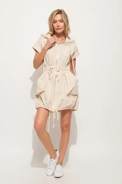 And The Why Short Sleeve String Details Hooded Mini Dress Almond / S