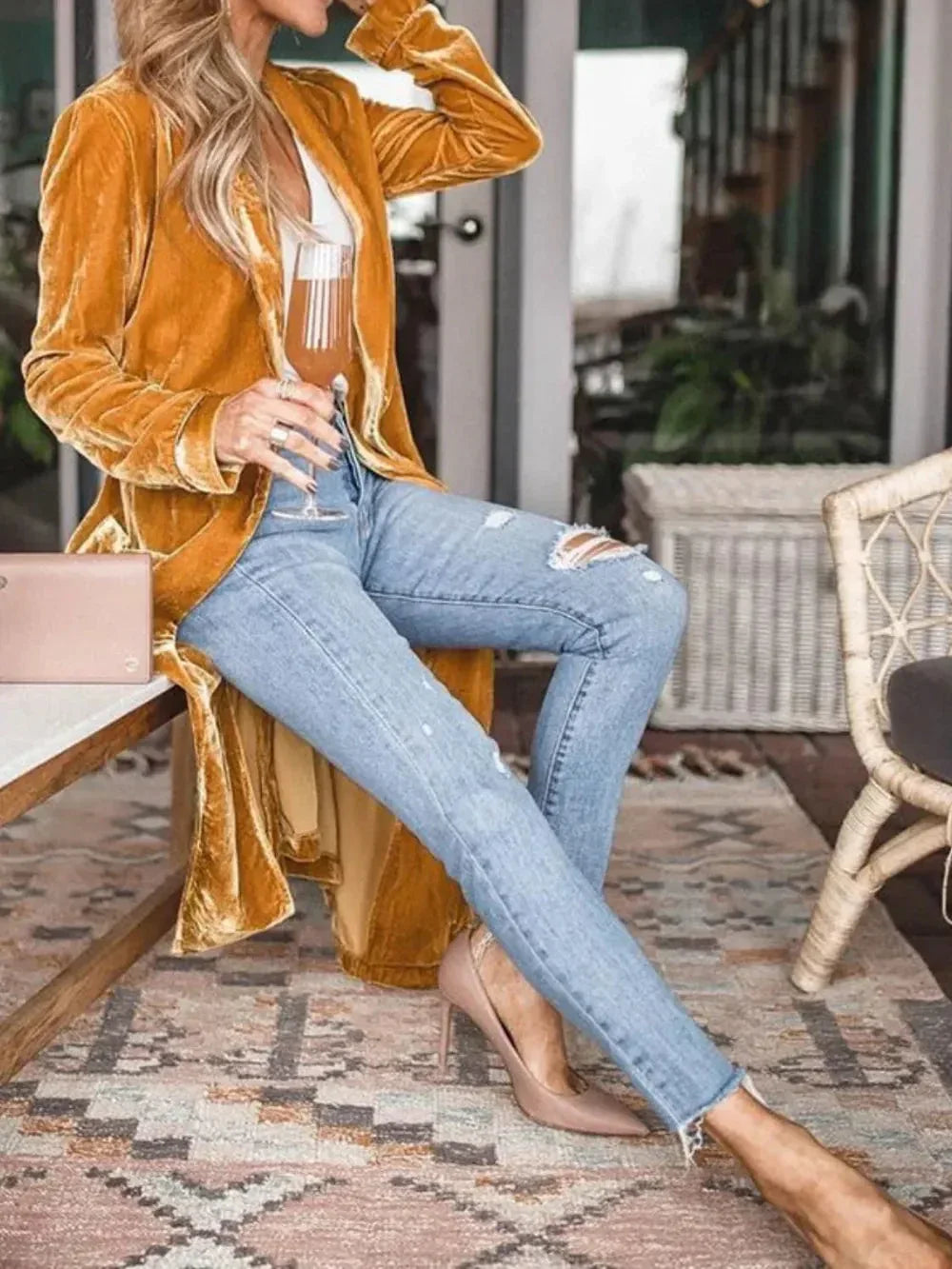 Open Front Long Sleeve Coat L / Brown