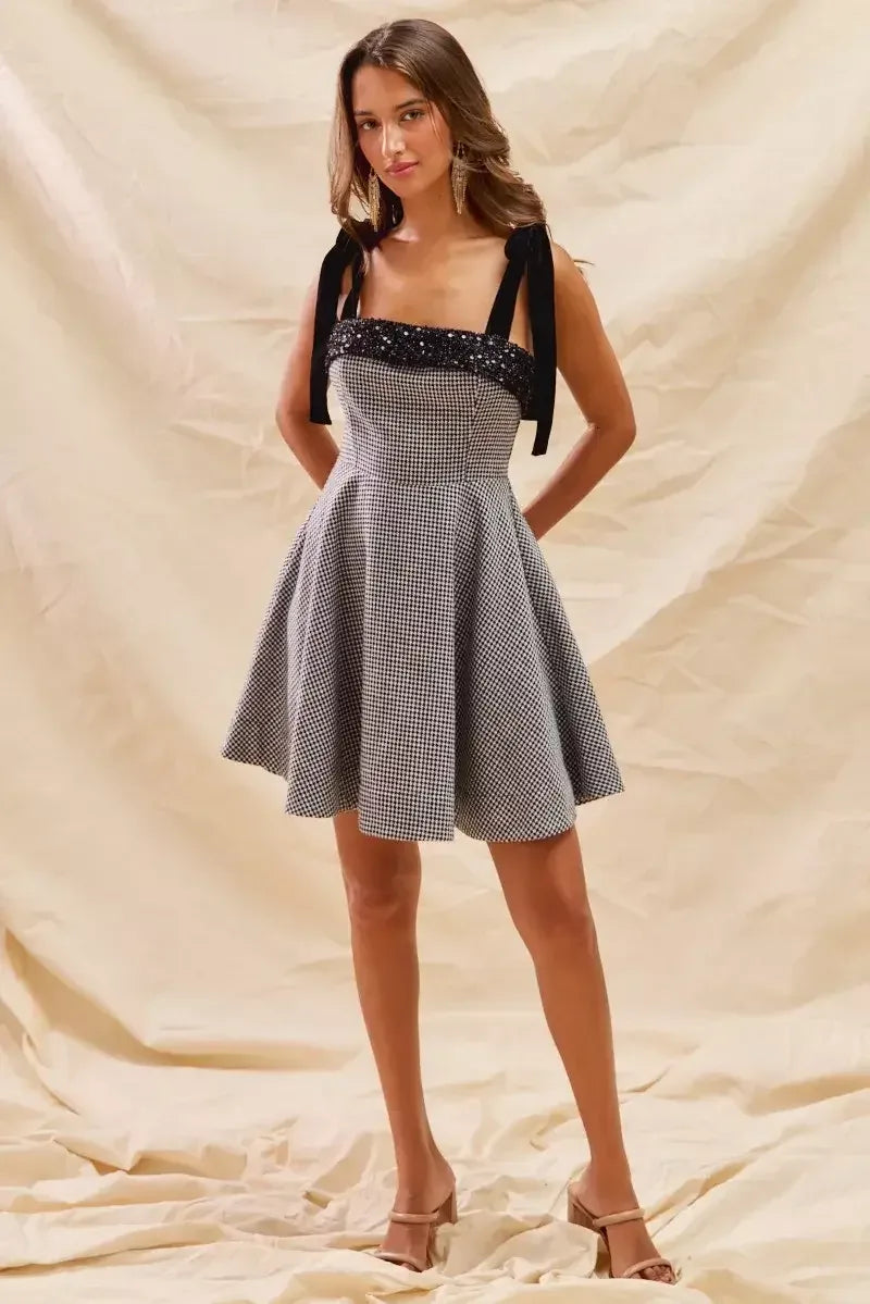 SO ME Houndstooth Fit Flare Mini Dress with Shoulder Tie BLACK / S