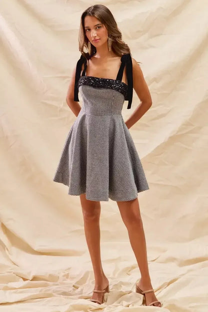 SO ME Houndstooth Fit Flare Mini Dress with Shoulder Tie BLACK / S