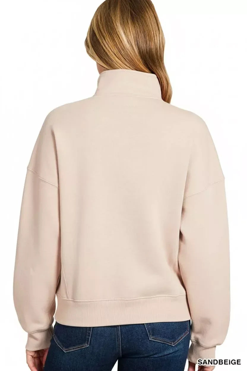 Zenana Fleece High Neck Half Zip Sweatshirt SAND BEIGE / S