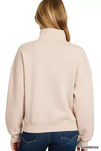 Zenana Fleece High Neck Half Zip Sweatshirt SAND BEIGE / S