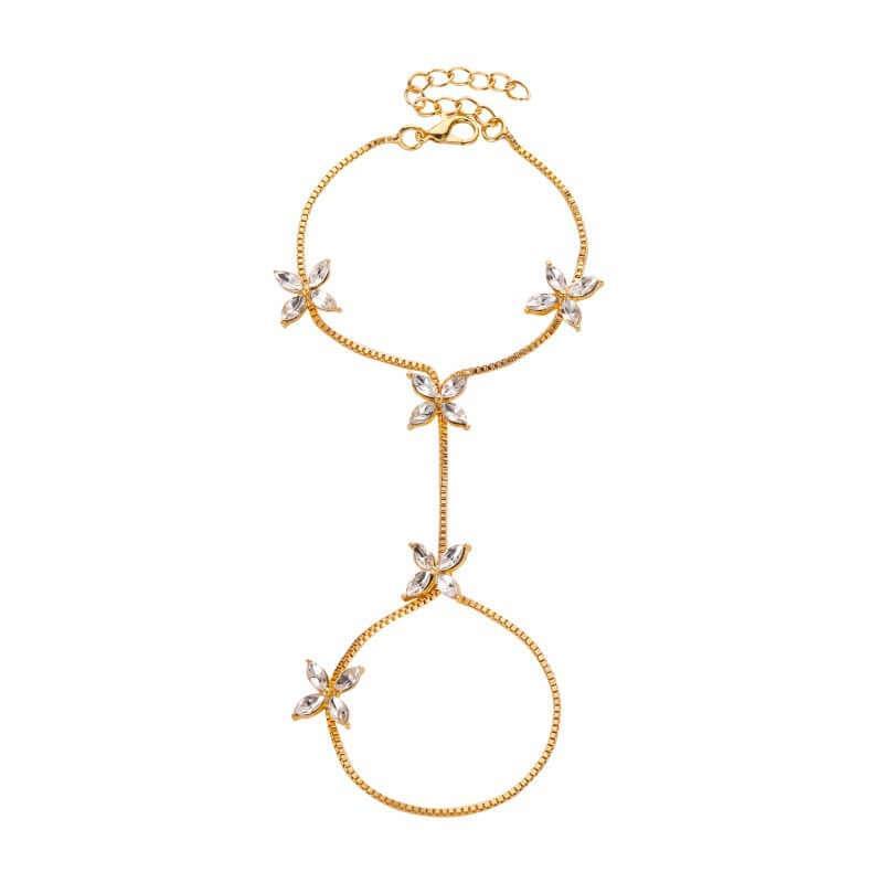 Korean Style Fresh Sweet Floral Zirconia Finger Rings Women's Elegant Four-leaf Flower Bracelets Jewelry Accessories 02 White K 6808