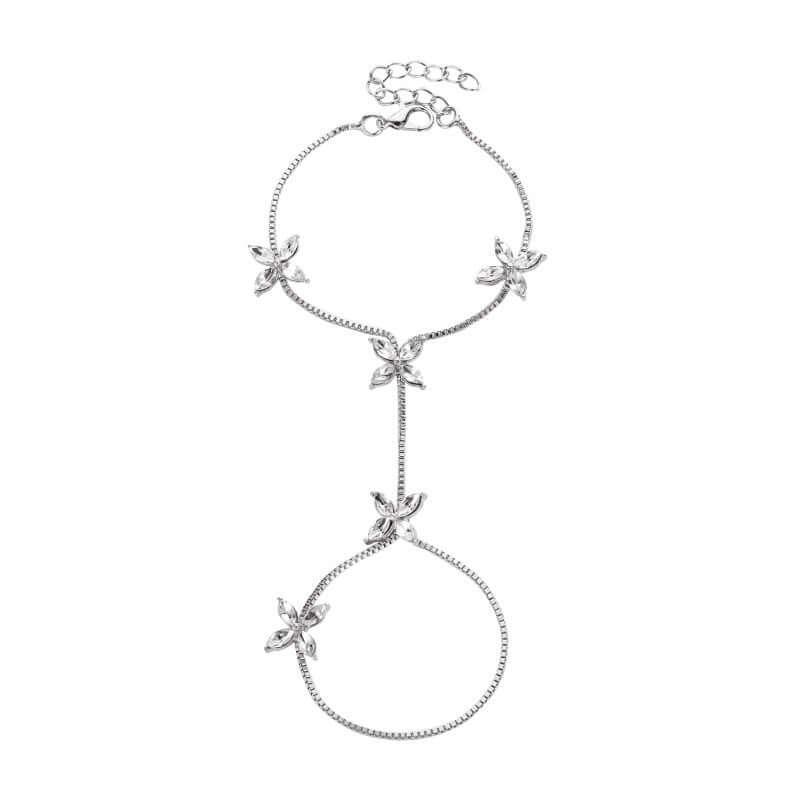 Korean Style Fresh Sweet Floral Zirconia Finger Rings Women's Elegant Four-leaf Flower Bracelets Jewelry Accessories 02 White K 6808