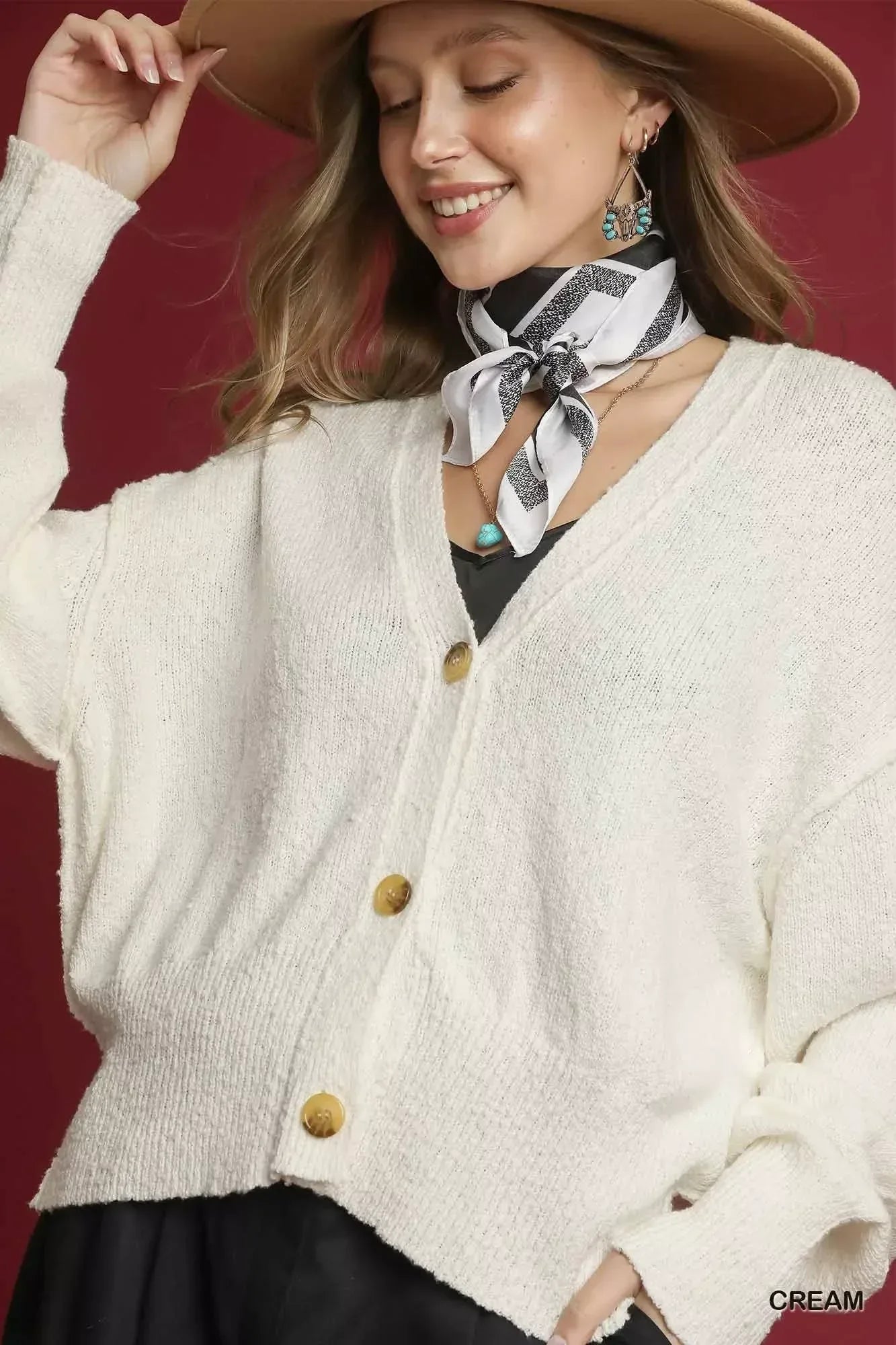 Umgee Button-Front V-Neck Knit Cardigan Cream / S
