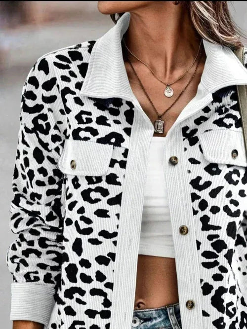 Full Size Leopard Print Button-Down Jacket Plus Size M / White