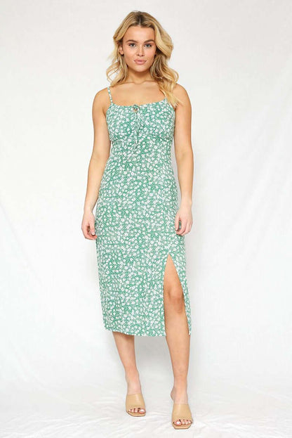 Shopminx Front Side Slit Maxi Dress Brown Multi / S