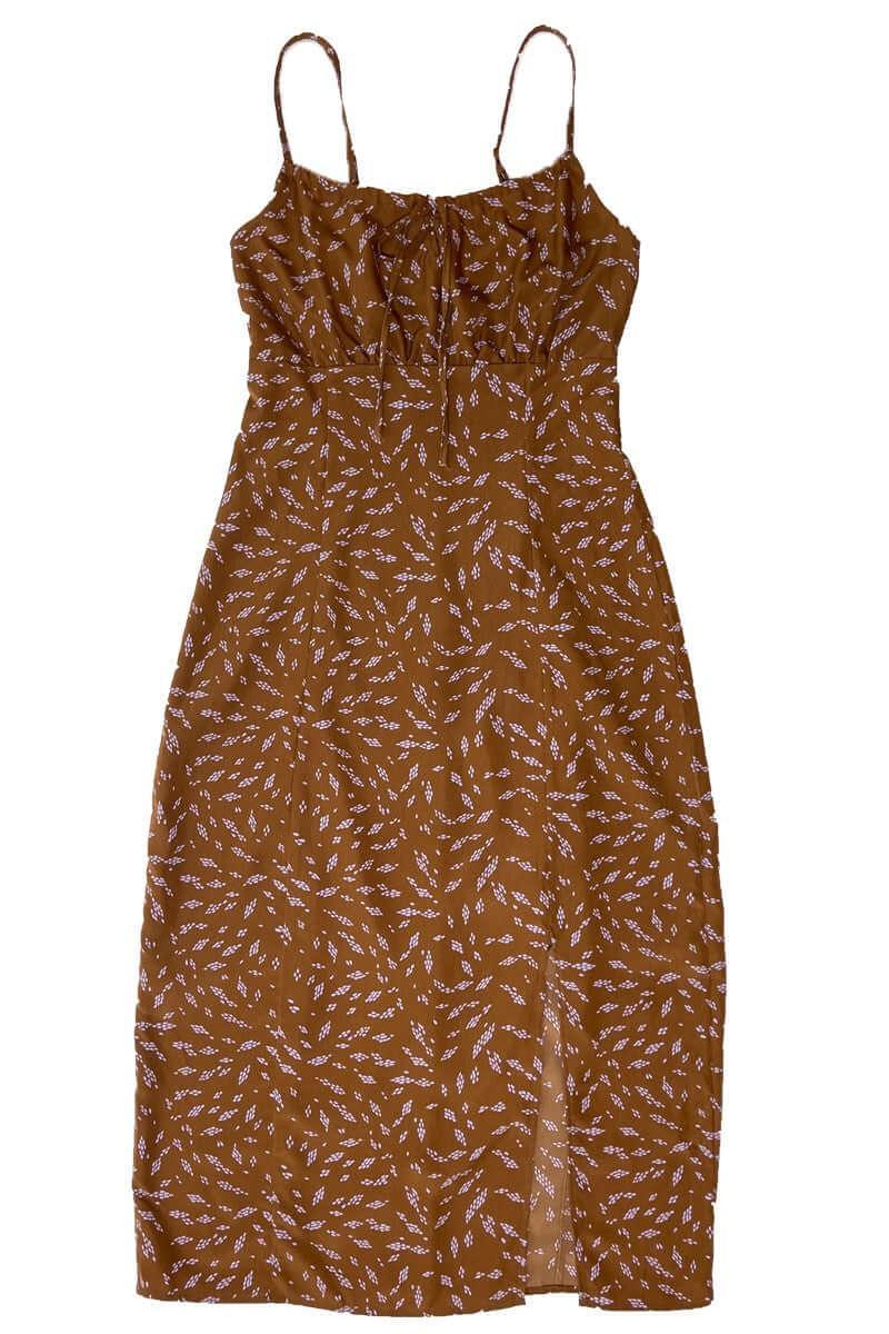 Shopminx Front Side Slit Maxi Dress Brown Multi / S