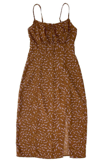 Shopminx Front Side Slit Maxi Dress Brown Multi / S