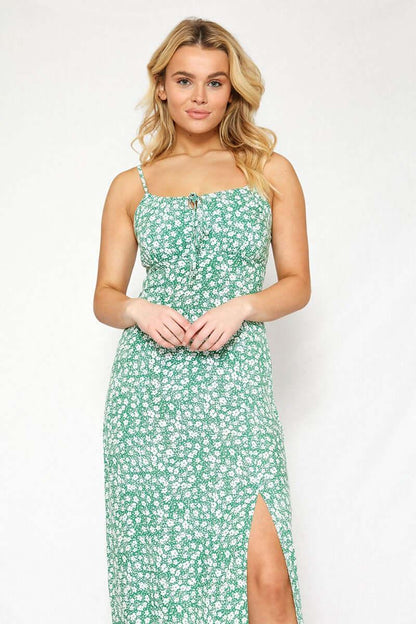 Shopminx Front Side Slit Maxi Dress Brown Multi / S