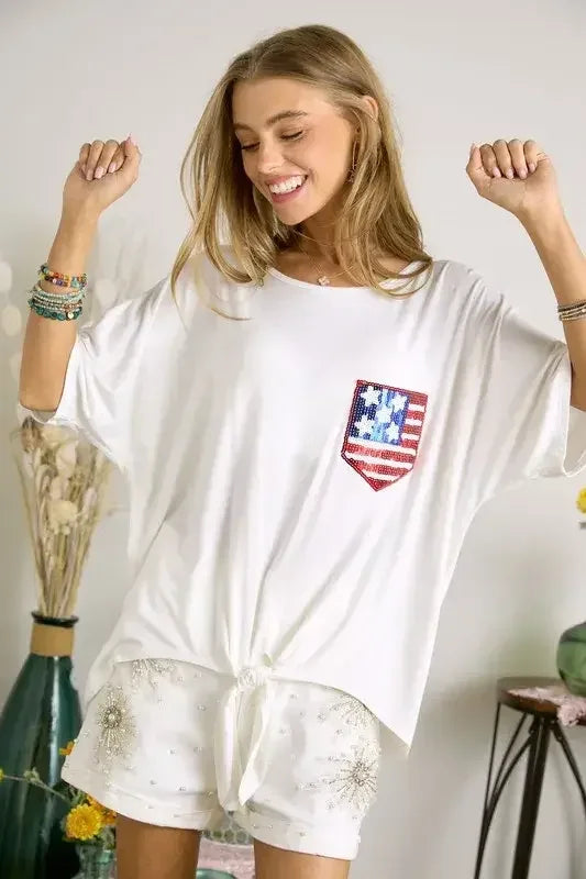 ADORA Sequin US Flag Pocketed Top Off White / S