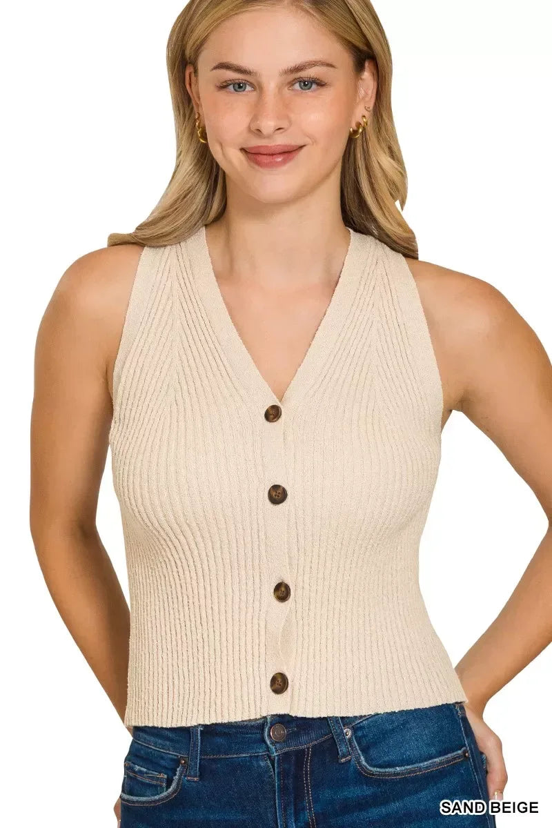 Zenana Ribbed Knit Button-Down Sweater Vest SAND BEIGE / S
