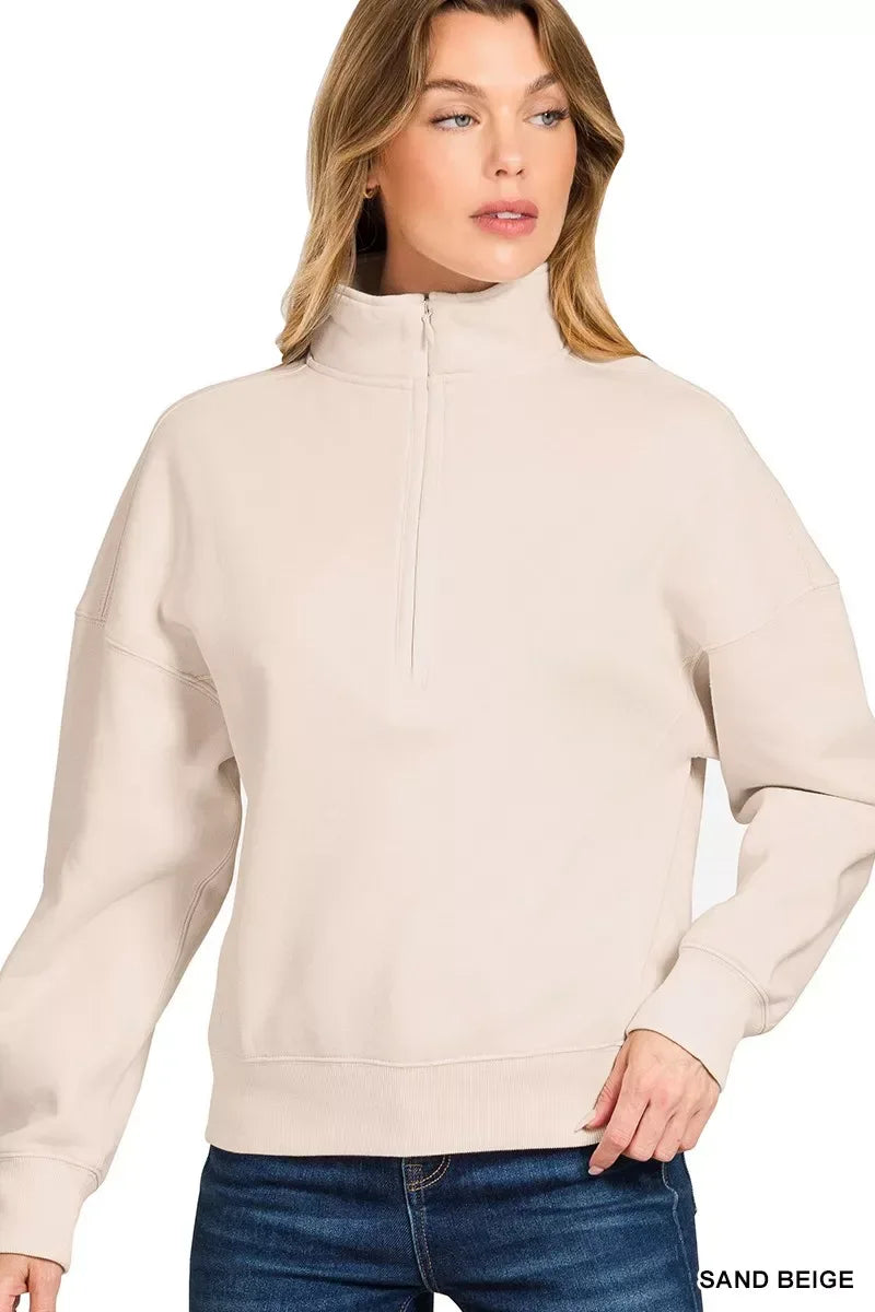 Zenana Fleece High Neck Half Zip Sweatshirt SAND BEIGE / S