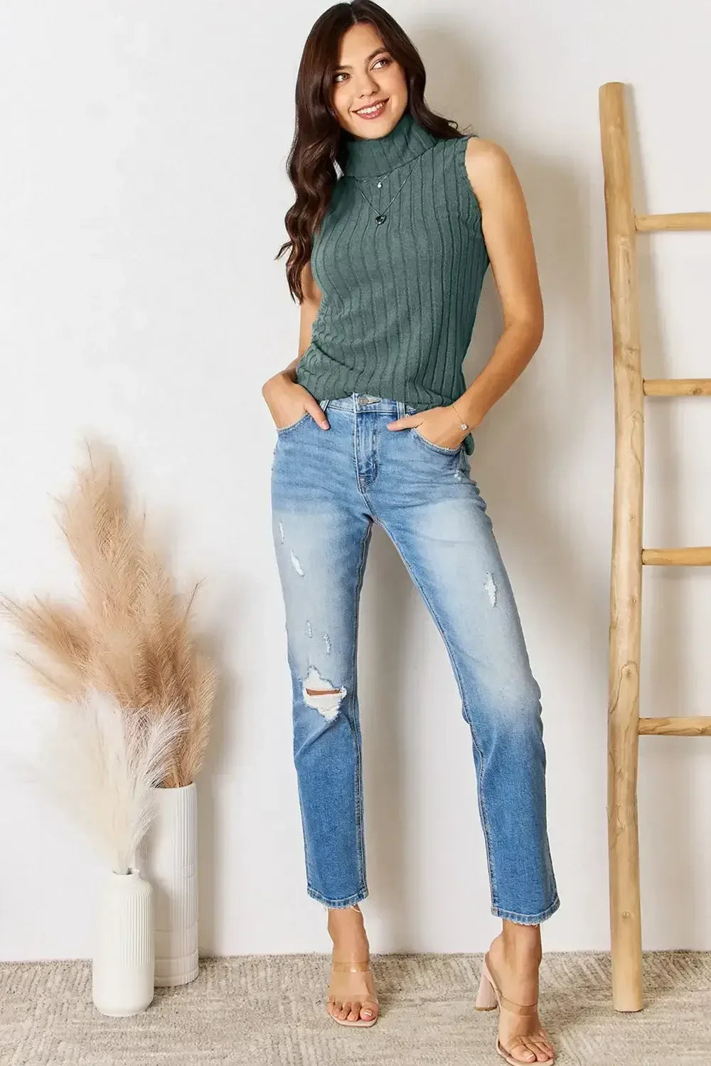 Basic Bae Full Size Ribbed Turtleneck Tank Light Gray / S