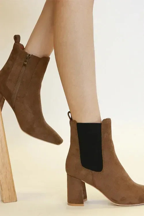 Beast Fashion Faux Suede Block Heel Chelsea Boots with Elastic Side Panel Coffee Brown / 6