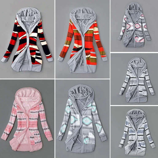 Autumn And Winter Jacket Printed Hooded Wool Liner Knit Midi Length S / Pink