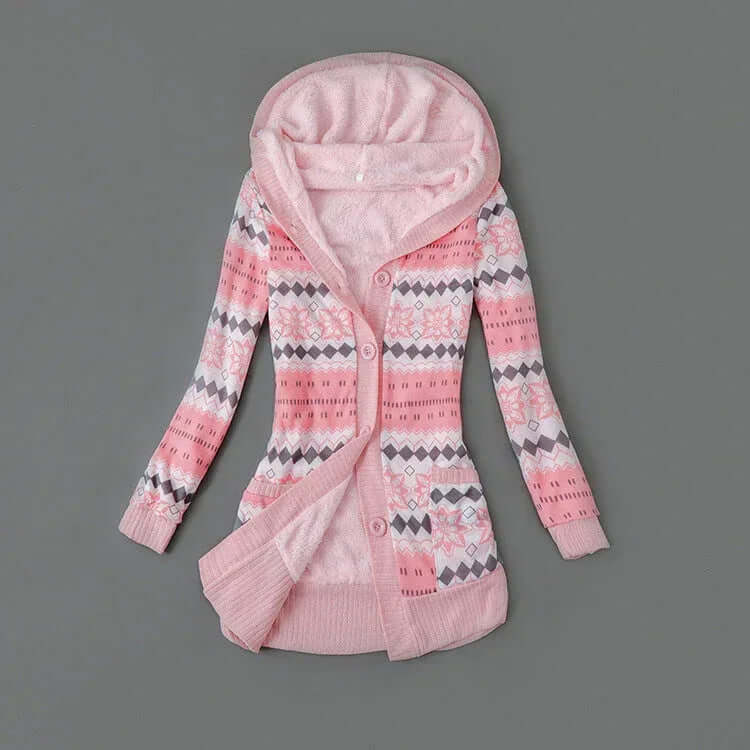 Autumn And Winter Jacket Printed Hooded Wool Liner Knit Midi Length S / Pink
