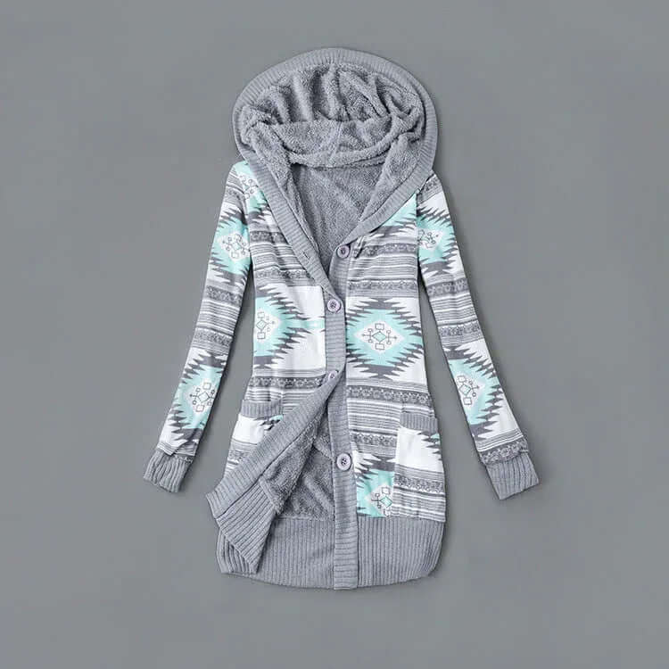 Autumn And Winter Jacket Printed Hooded Wool Liner Knit Midi Length S / Pink