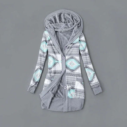 Autumn And Winter Jacket Printed Hooded Wool Liner Knit Midi Length S / Pink