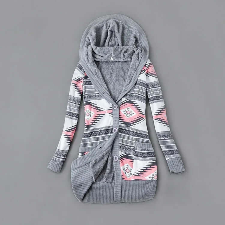 Autumn And Winter Jacket Printed Hooded Wool Liner Knit Midi Length S / Pink