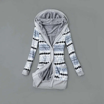 Autumn And Winter Jacket Printed Hooded Wool Liner Knit Midi Length S / Pink