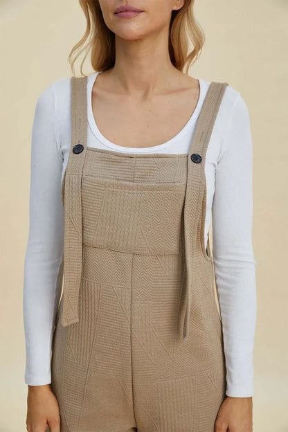 Double Take Full Size Texture Sleeveless Romper Khaki / S