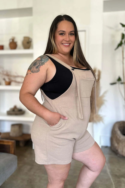 Double Take Full Size Texture Sleeveless Romper Khaki / S