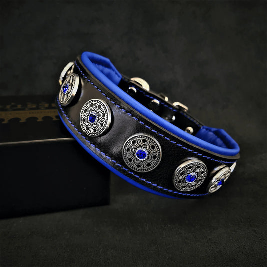 "Bijou" collar black & blue Size XL- neck size of 22.6- 25.6 inch (57.5- 65 cm) / Collar & Leash