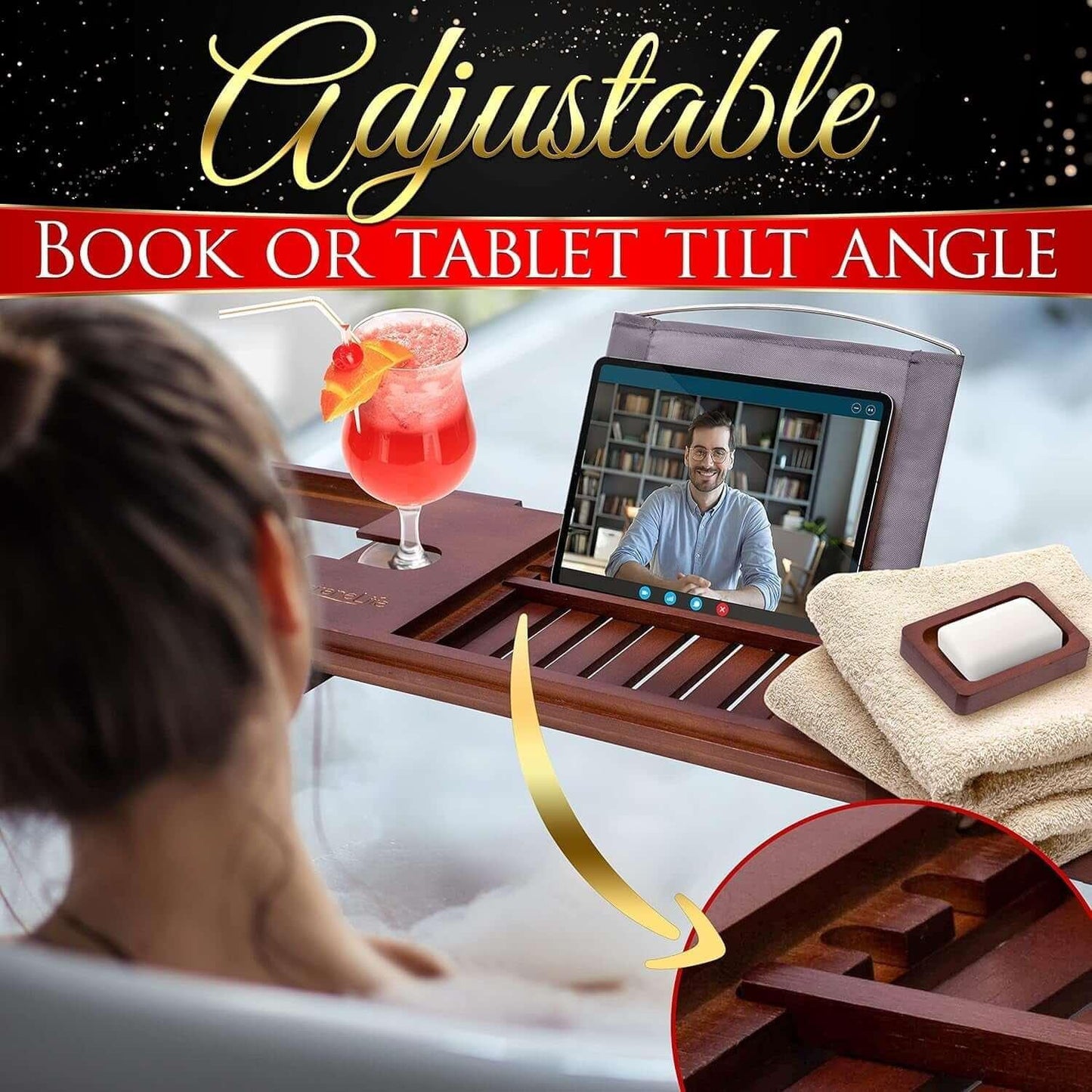 Bamboo Bathtub Caddy Tray – Expandable Waterproof Bath Tray with Wine Glass Holder, Tablet Stand & Removable Accessory Slots – Eco-Friendly, Adjustable & Durable Default Title