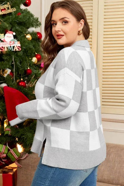 Plus Size Checker Buttoned Polo Collar Sweater 1X / Gray