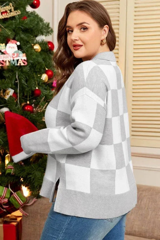 Plus Size Checker Buttoned Polo Collar Sweater 1X / Gray